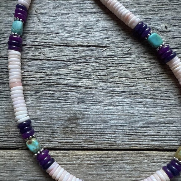 Southwestern Sterling Silver Pink Conch Multi Stone Bead Necklace. 18 Inch - Picture 5 of 12